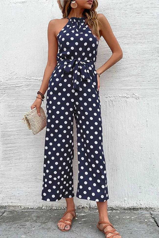 Perfee Polka Dot Grecian Wide Leg Jumpsuit  Style Ratio