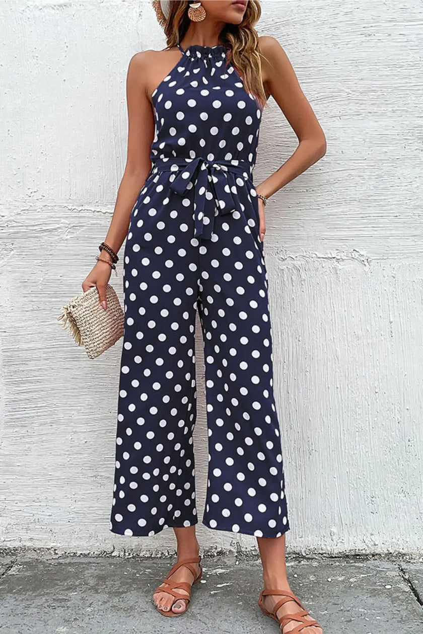 Perfee Polka Dot Grecian Wide Leg Jumpsuit  Style Ratio