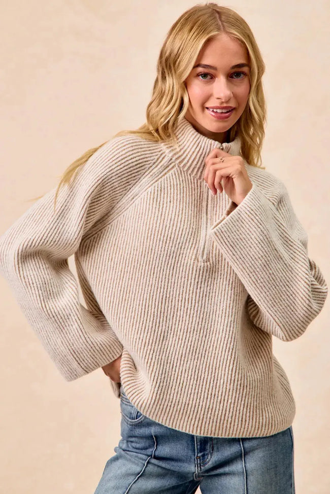 BiBi Two Tone Rib Textured Knit Collared Top with Zip Up  Style Ratio