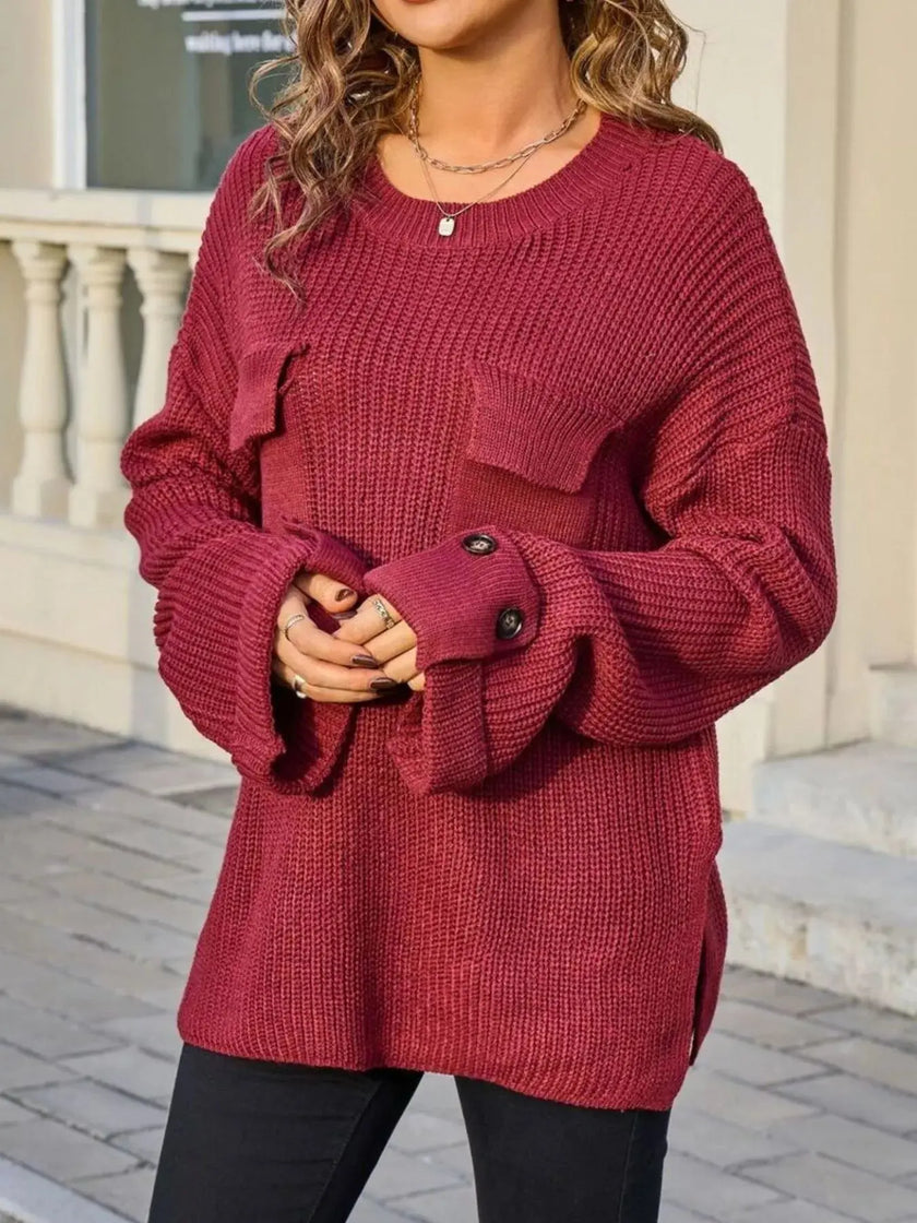 Pocket Detail Round Neck Sweater  Style Ratio