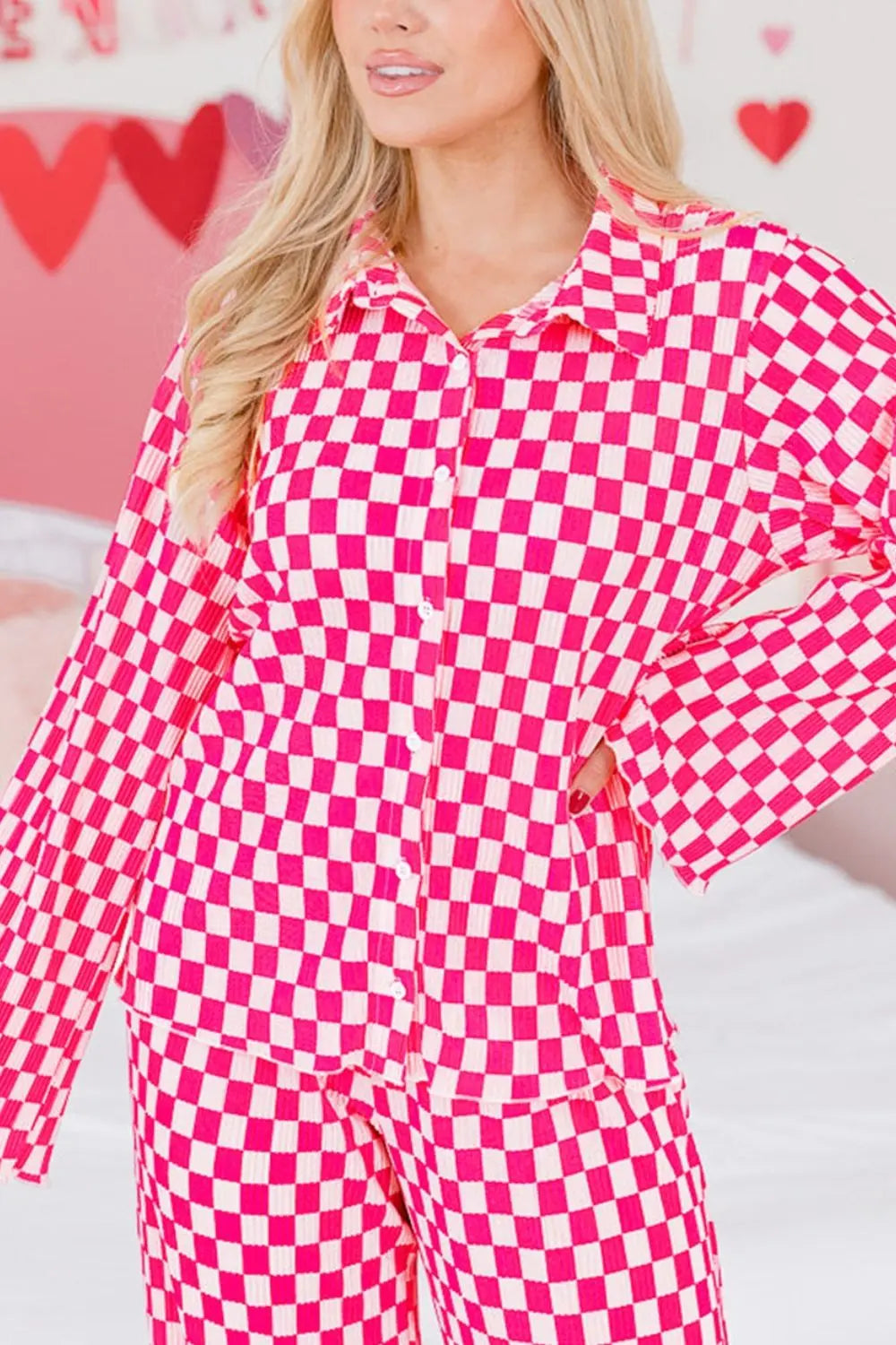 Checkerboard Print Long Sleeve Top and Pants Set  Style Ratio