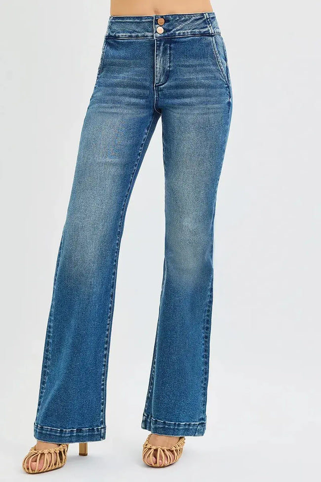 RISEN Full Size Tummy Control High Rise Bootcut Jeans with Double Button Waistband  Style Ratio