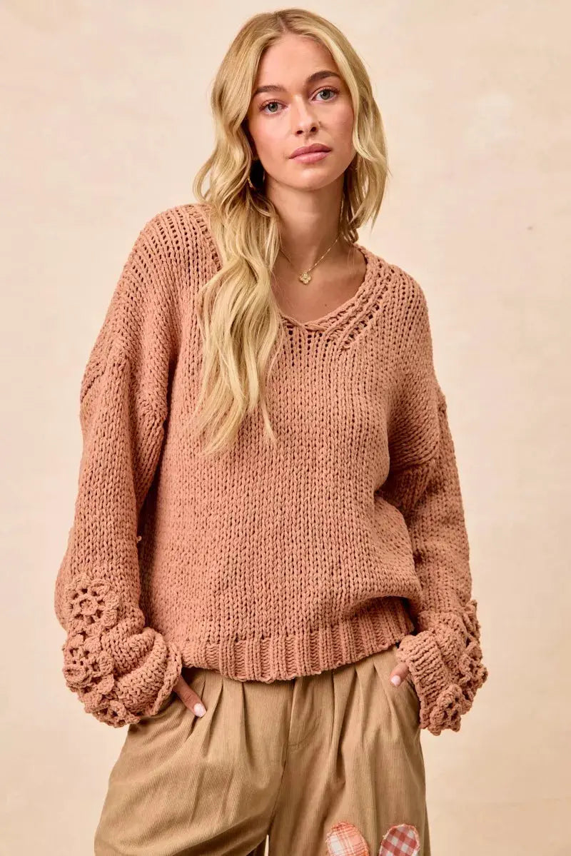 BiBi Chunky Knit Sweater with Flower Detail Sleeves  Style Ratio