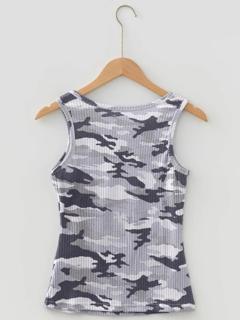 Camouflage Print Ribbed Knit Round Neck Tank Top  Style Ratio