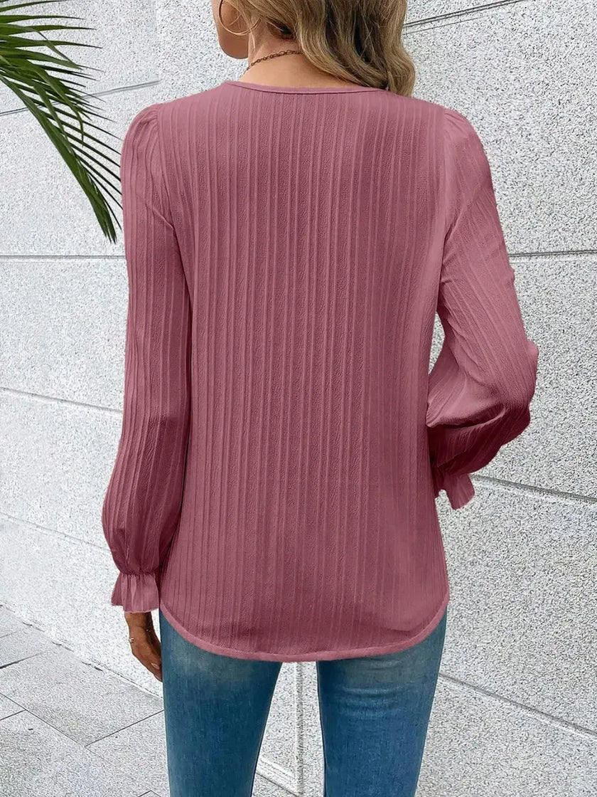 V-Neck Lace Detail Flounce Sleeve Blouse  Style Ratio