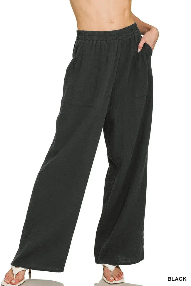Zenana Double Gauze Elastic Band Wide Leg Pants  Style Ratio