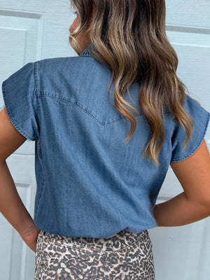 Ruffled Short Sleeve Denim Shirt  Style Ratio