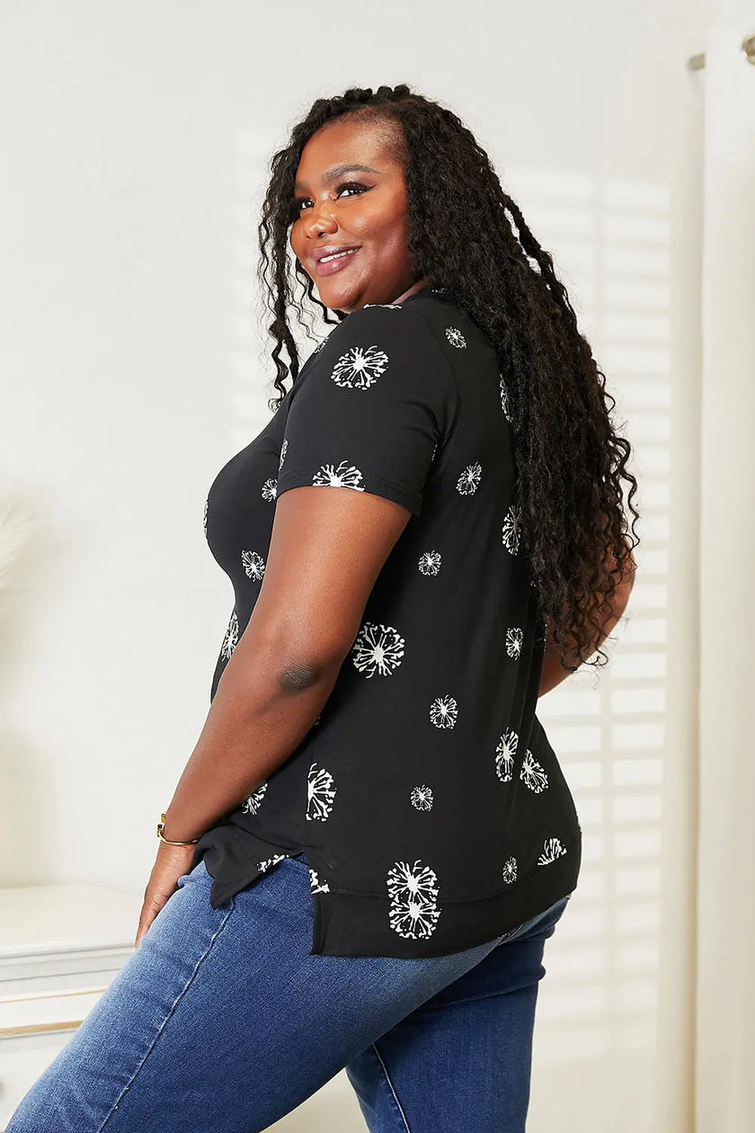 Double Take Dandelion Print Round Neck Shirt  Style Ratio