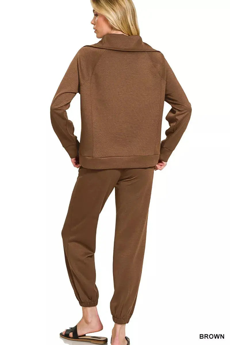 Zenana Scuba Half Zip Sweatshirts and Joggers Set  Style Ratio