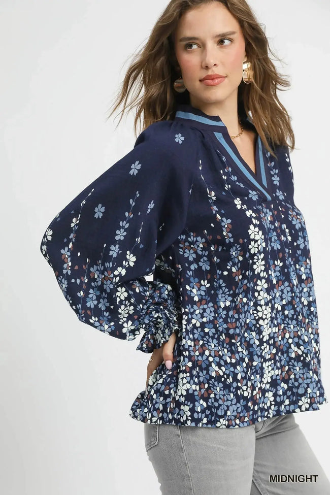 Umgee Full Size Floral Vine Print Blouse with Balloon Sleeves  Style Ratio