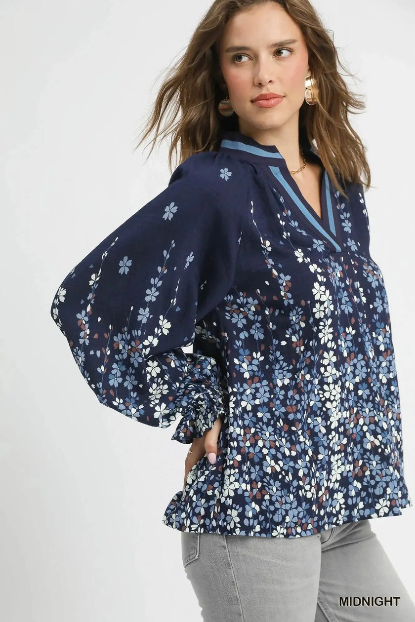 Umgee Full Size Floral Vine Print Blouse with Balloon Sleeves  Style Ratio