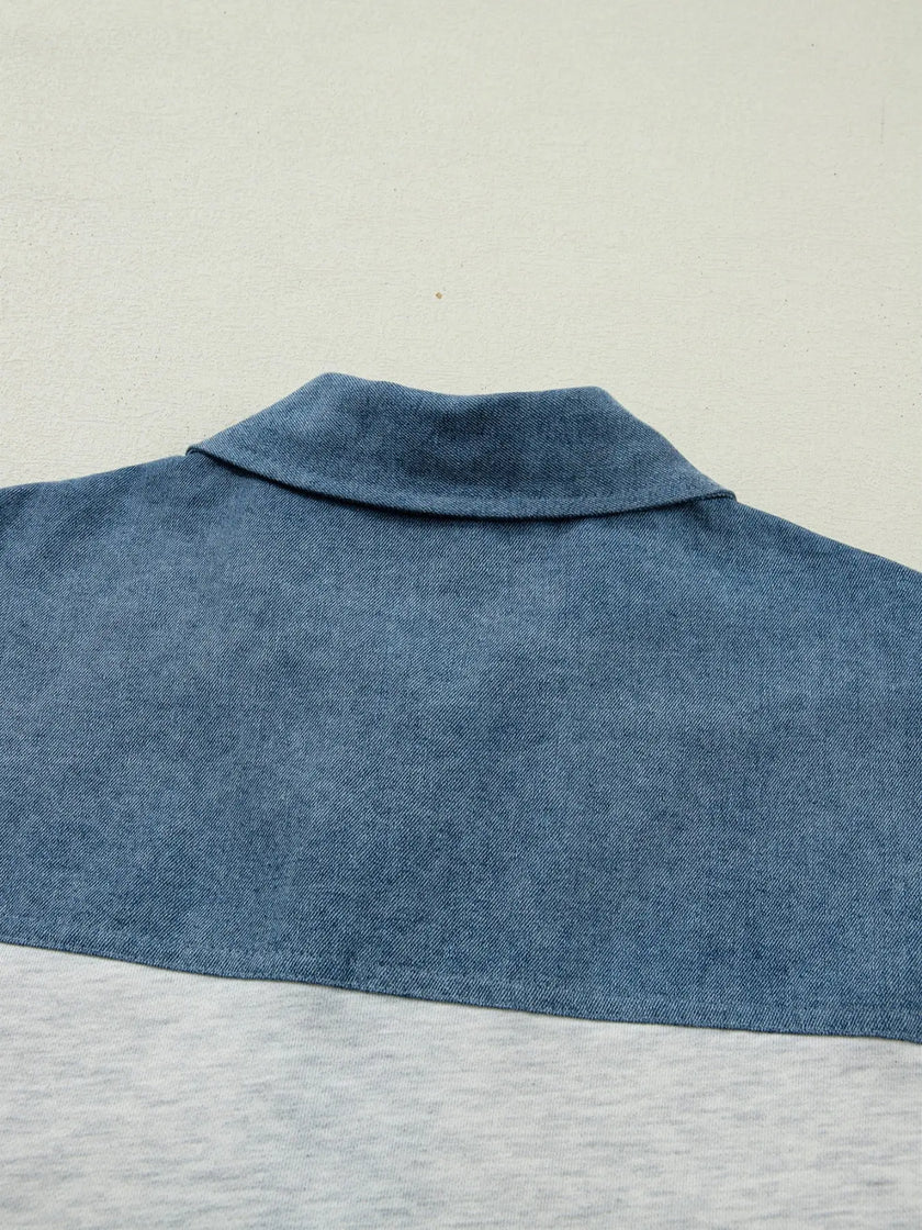Color Block Denim Patchwork Button Polo Collar Short Sleeve Top  Style Ratio