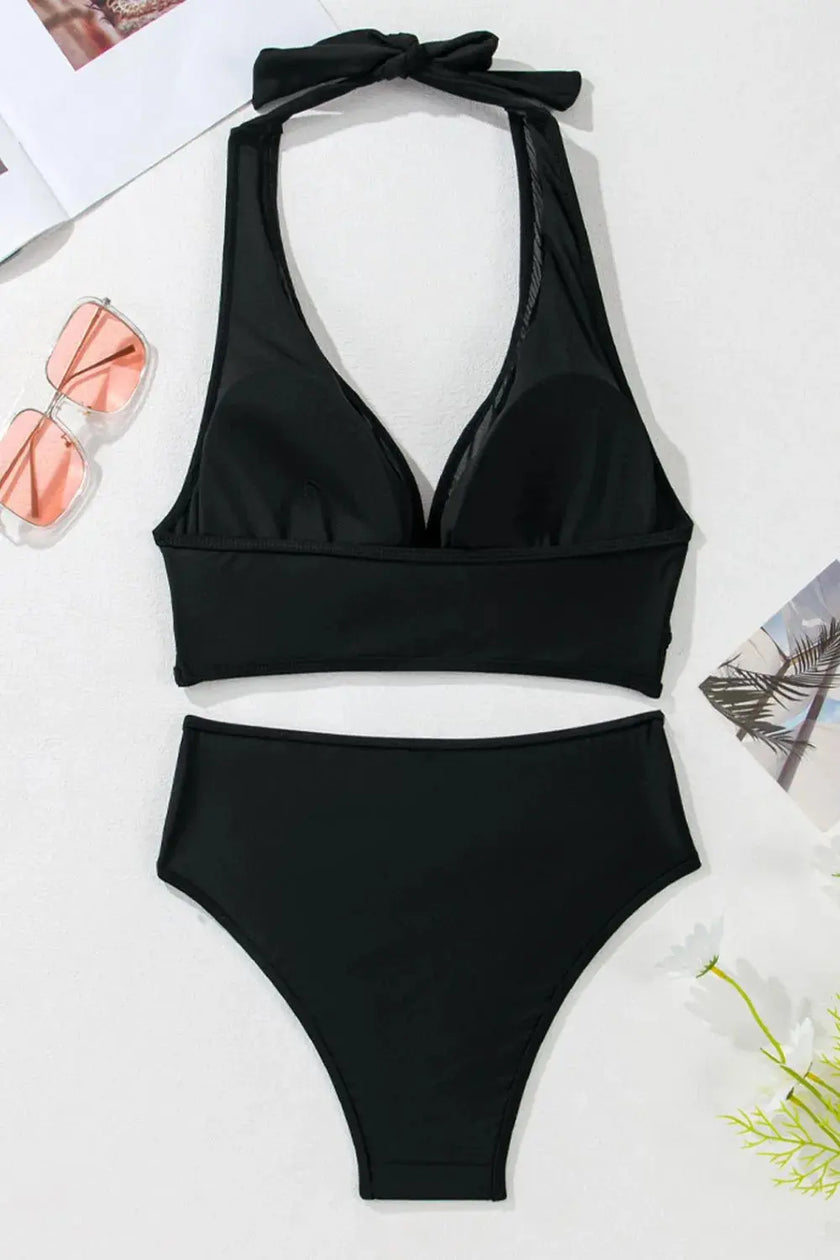 Sheer Mesh Edged Halter V Neck Push Up Bikini  Style Ratio