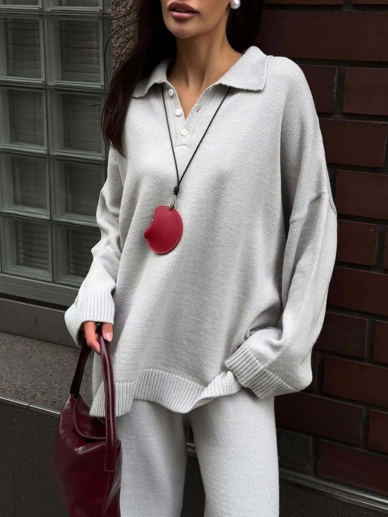 Polo Collar Top and Wide Leg Pants Knit Set  Style Ratio