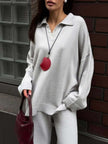 Polo Collar Top and Wide Leg Pants Knit Set  Style Ratio