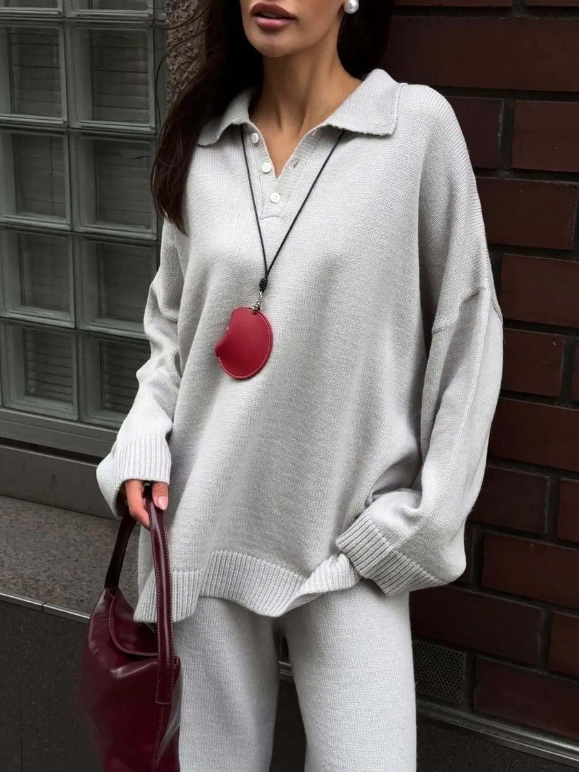 Polo Collar Top and Wide Leg Pants Knit Set  Style Ratio