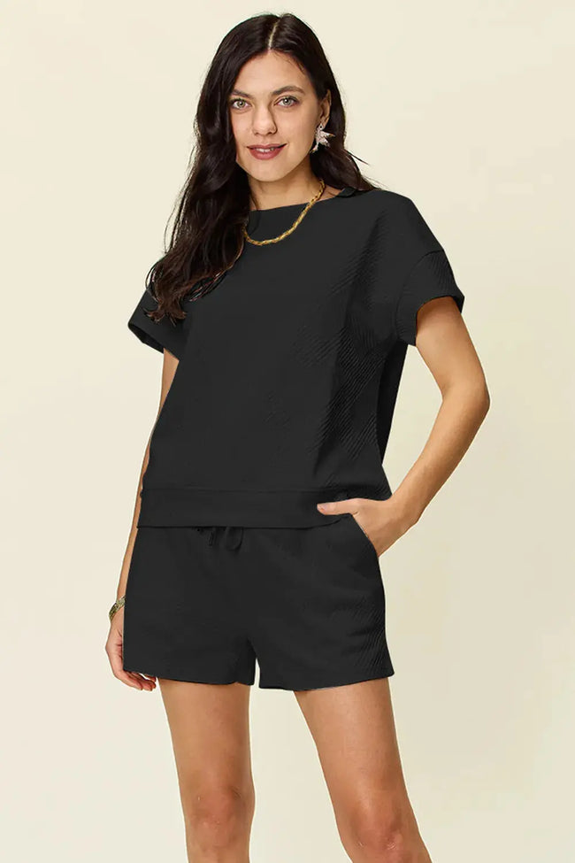 Double Take Full Size Texture Short Sleeve T-Shirt and Drawstring Shorts Set  Style Ratio