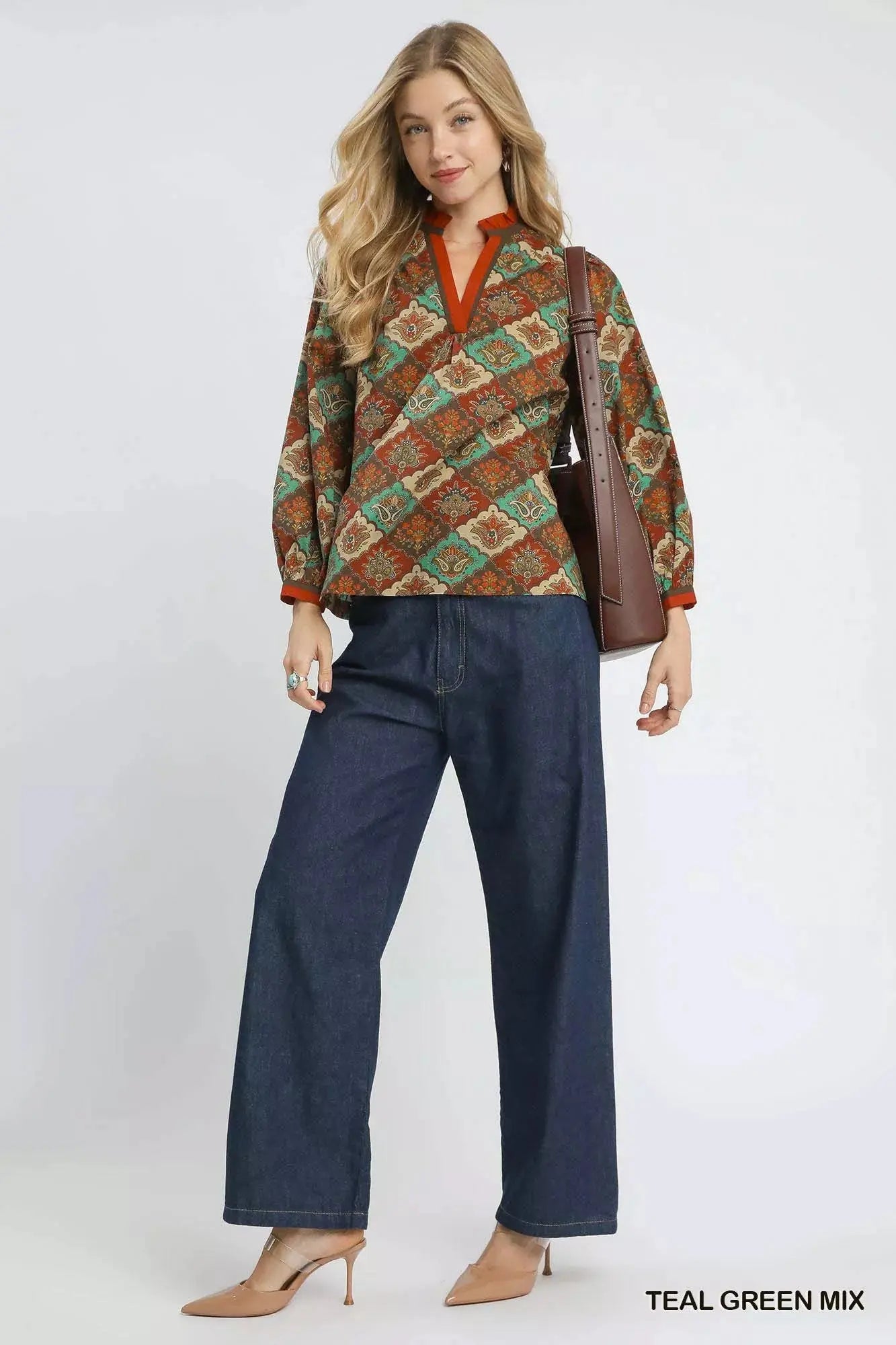 Umgee Abstract Print Ruffle Neck Blouse  Style Ratio