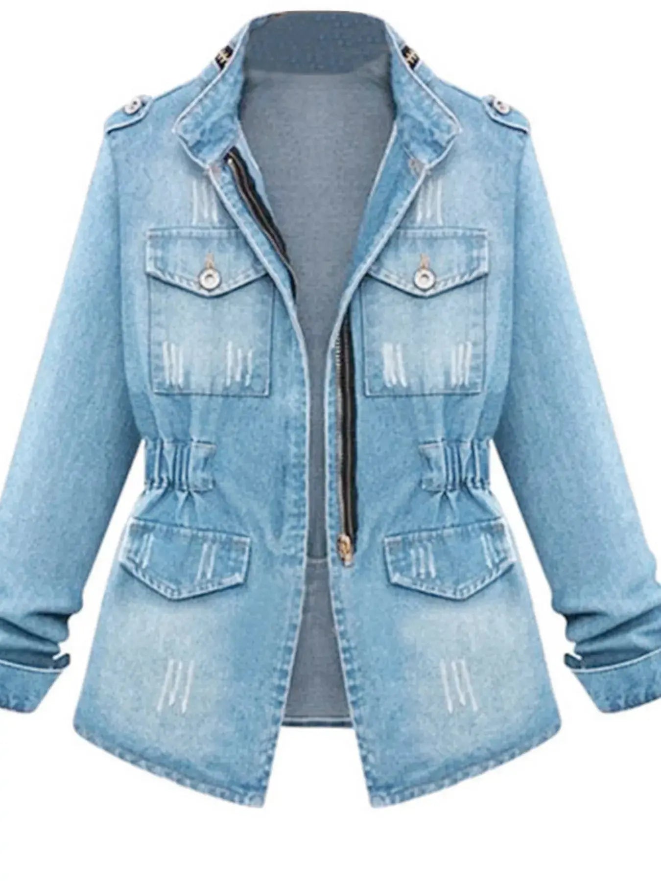 Full Size Chest Pocket Zip Up Denim Jacket  Style Ratio