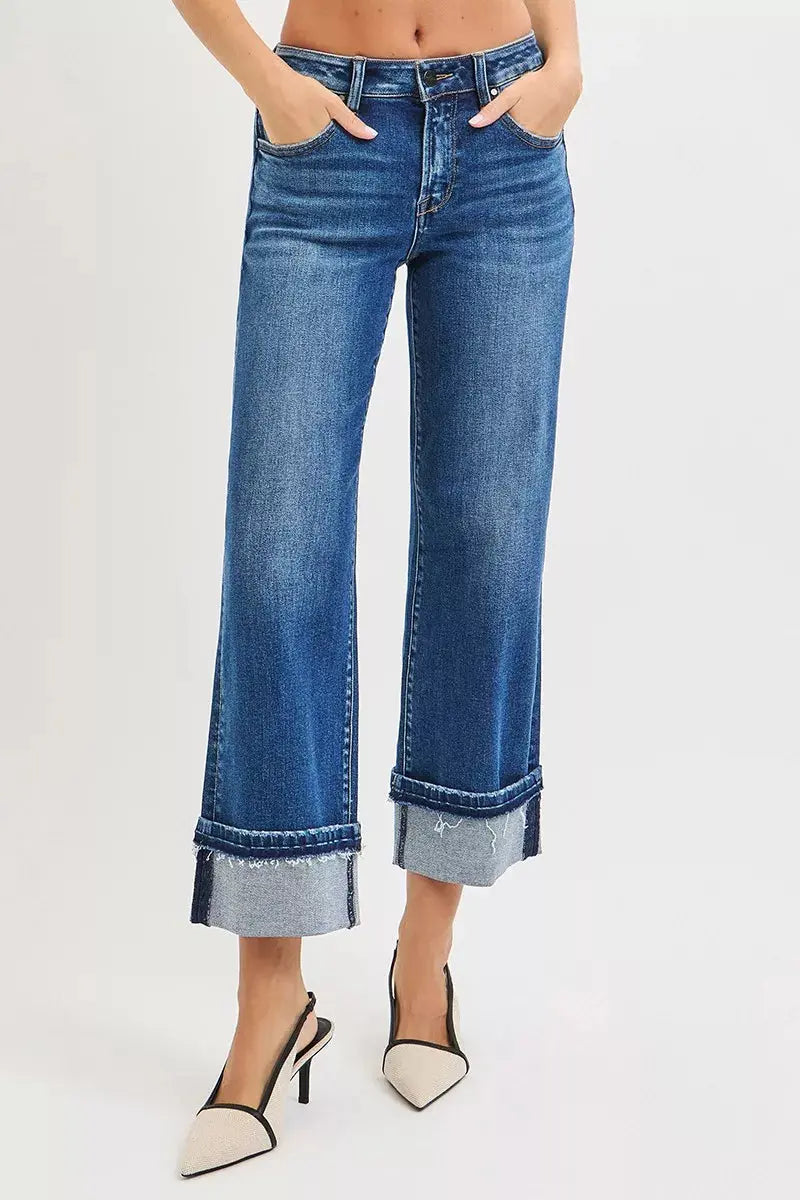 RISEN Mid Rise Ankle Straight Jeans with Cuffed Hem  Style Ratio