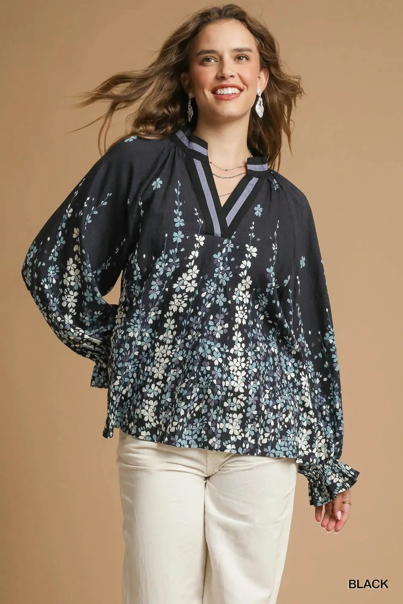 Umgee Full Size Floral Vine Print Blouse with Balloon Sleeves  Style Ratio