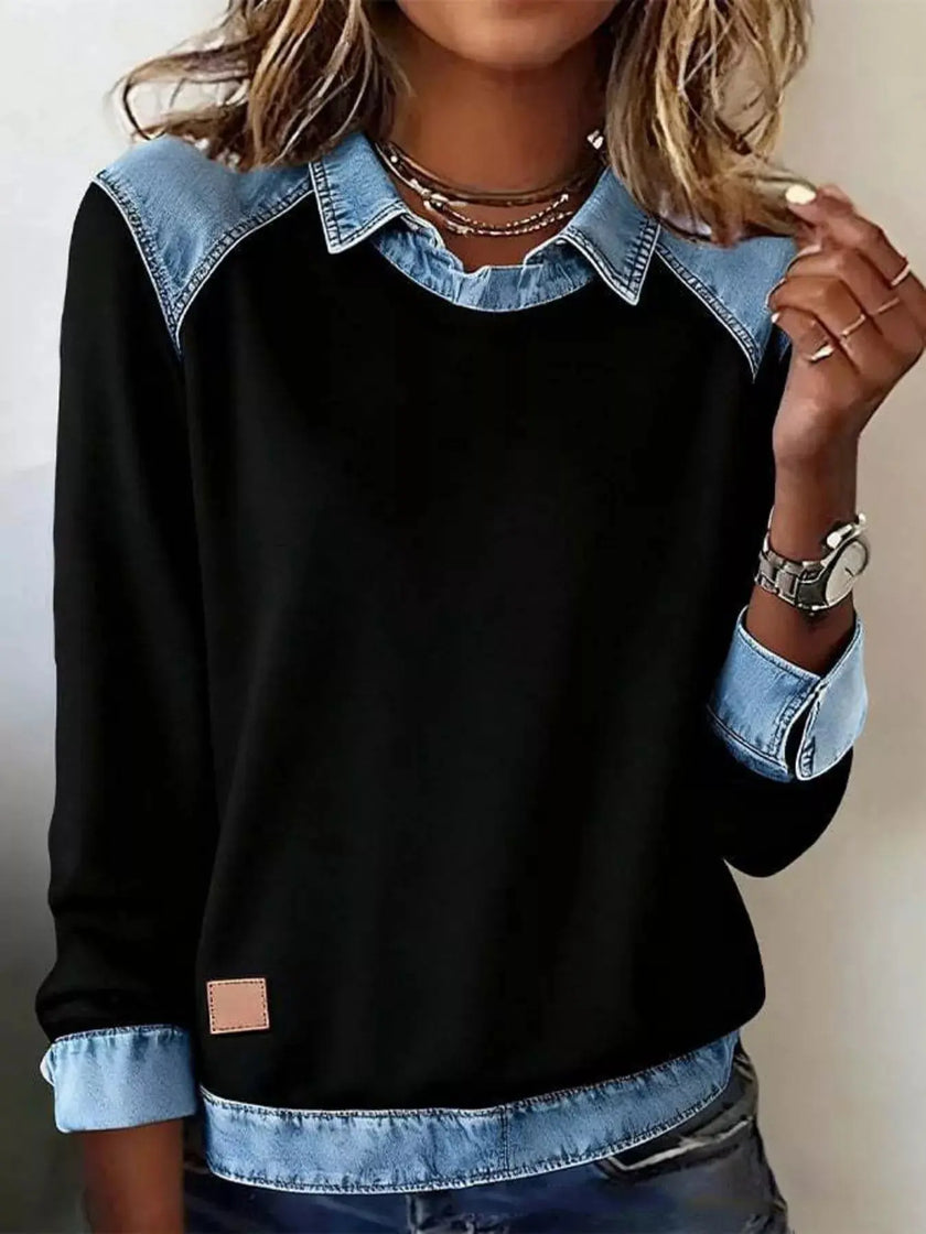 Full Size Denim Trim Long Sleeve Top  Style Ratio