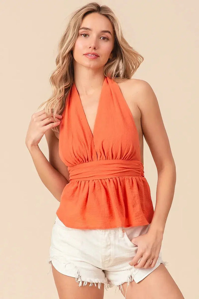 BiBi Back Open With Halter Neck Wrinkled Sleeveless Top  Style Ratio