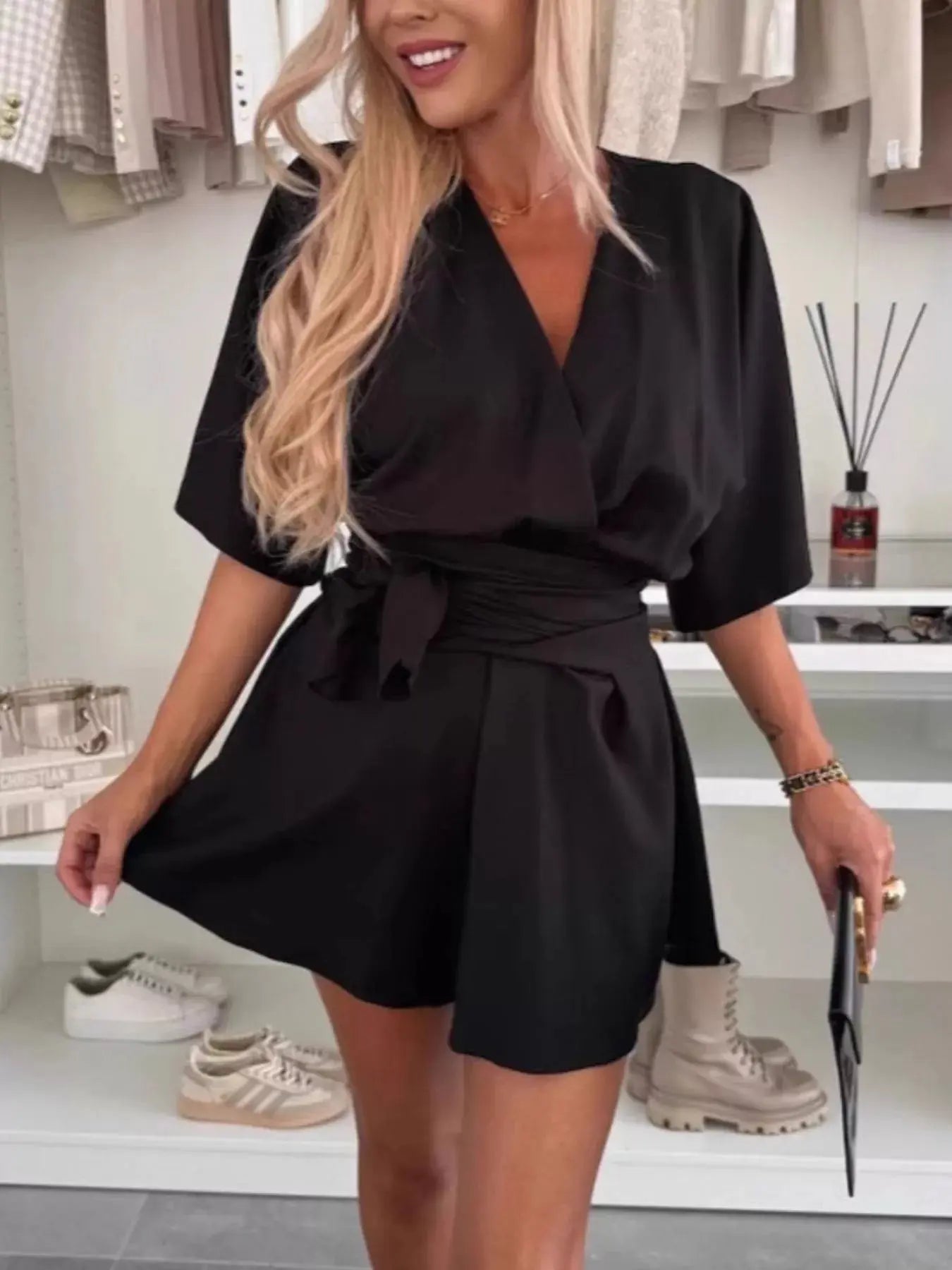 Full Size Surplice Tie Waist Romper  Style Ratio