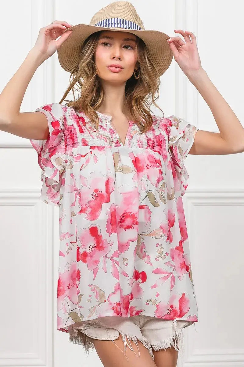 BiBi Floral Print Flutter Sheer Blouse  Style Ratio
