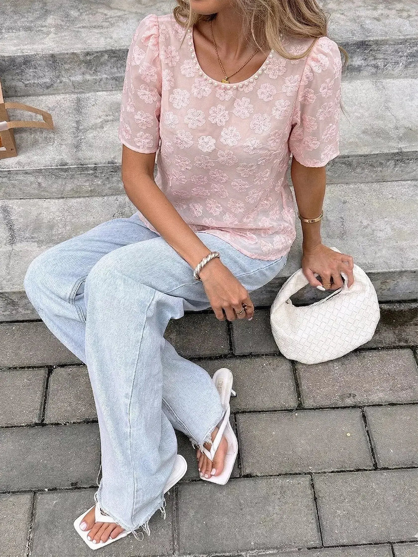 Floral Embroidered Pearl Trim Blouse  Style Ratio