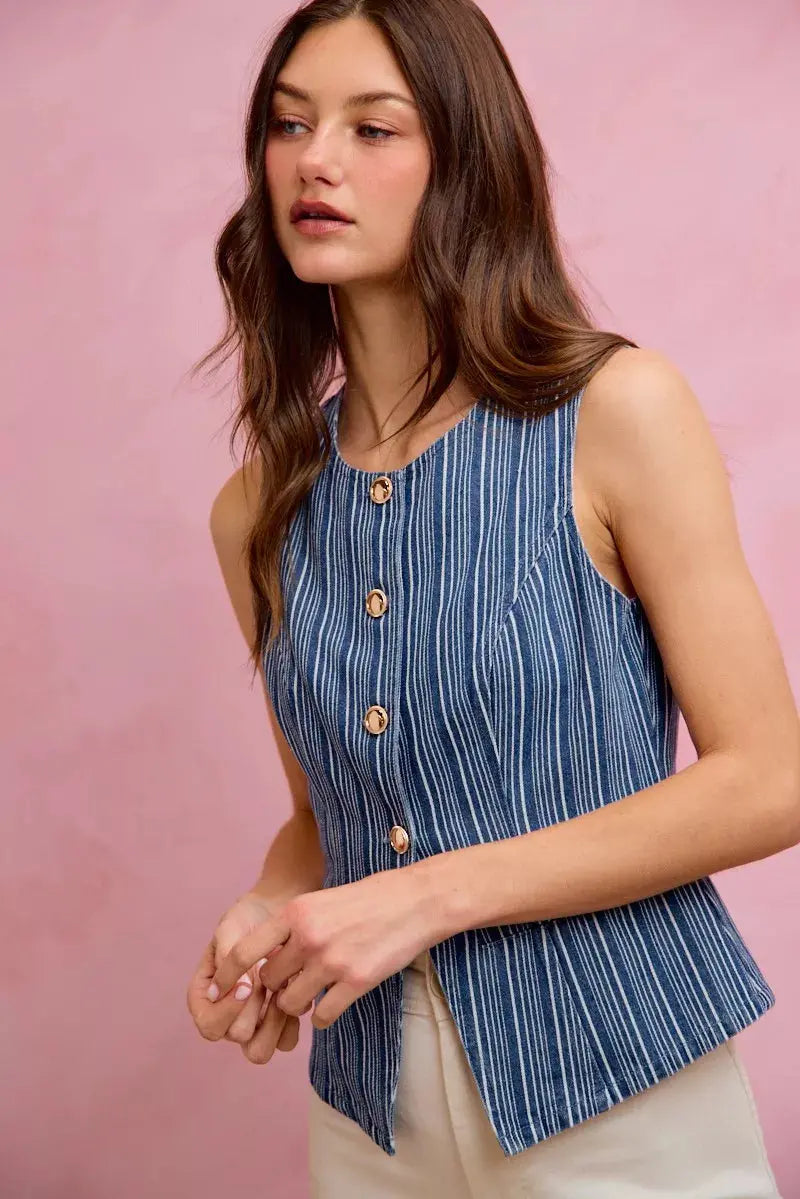 SO ME Stripe Slim Fit Button Front Denim Vest Top  Style Ratio