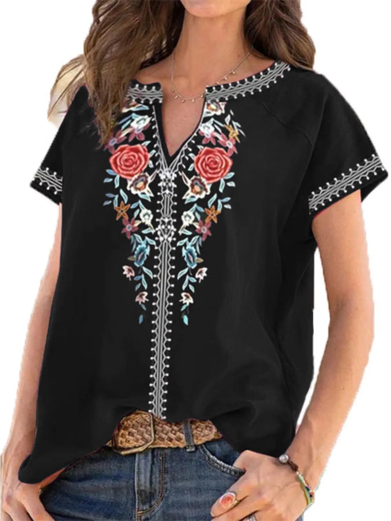 Full Size Floral Notched Short Sleeve Blouse  Style Ratio