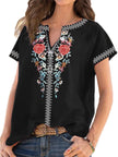 Full Size Floral Notched Short Sleeve Blouse  Style Ratio