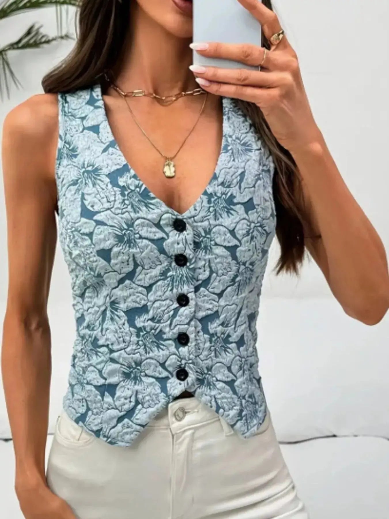 Floral Jacquard Button-Front Vest Coat  Style Ratio