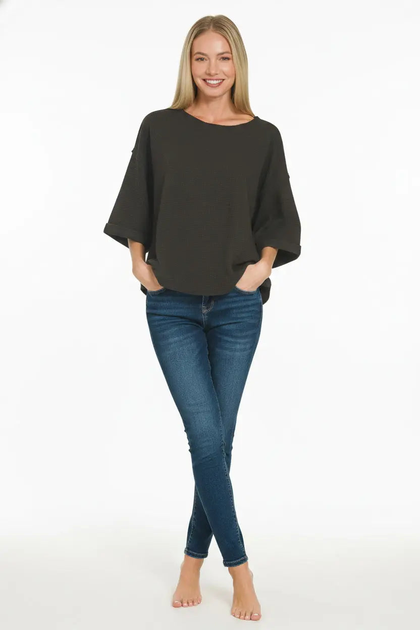 Zenana Double Knit Exposed Seam Curved Hem Top  Style Ratio