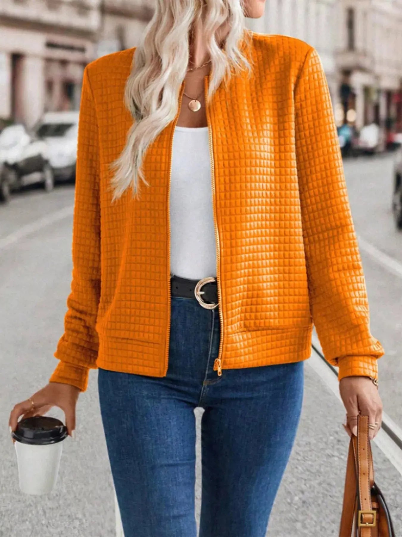 Textured Zip-Up Long Sleeve Jacket  Style Ratio