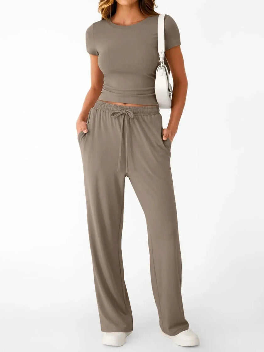 Round Neck Short Sleeve Shirt and Pants Loungewear  Style Ratio