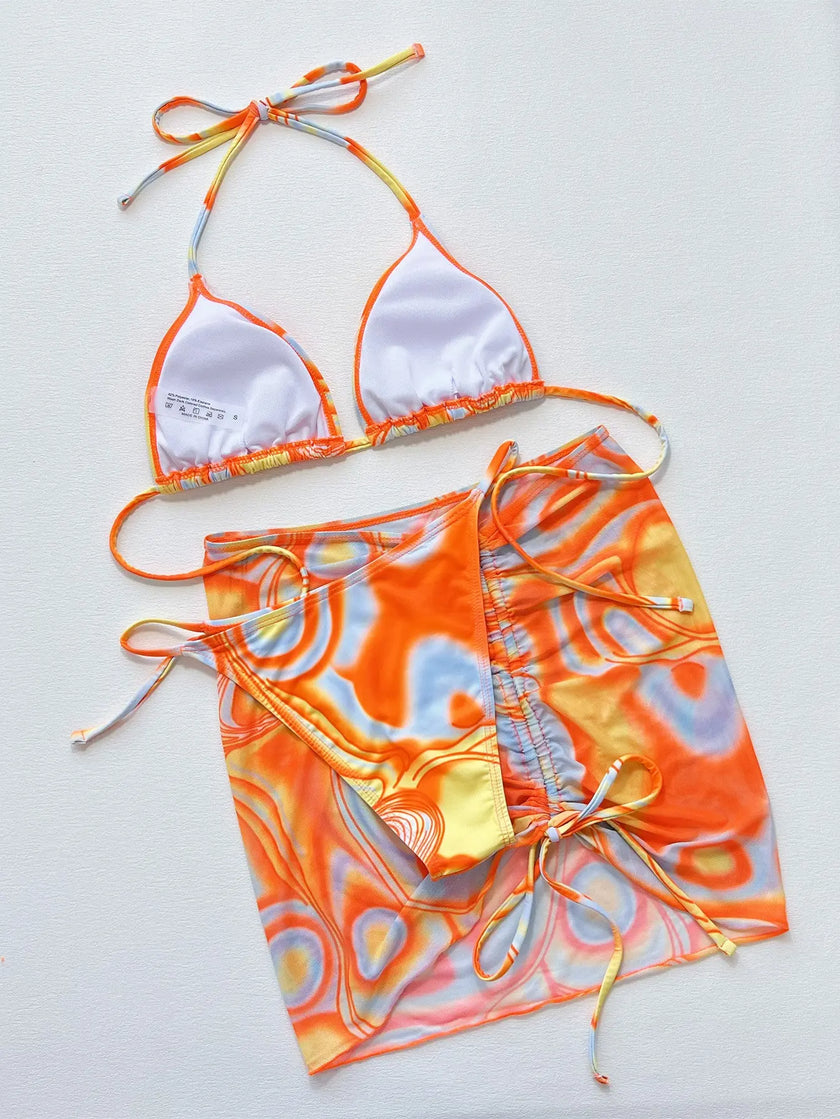 Multicolored Drawstring Ruched Three-Piece Swim Set  Style Ratio