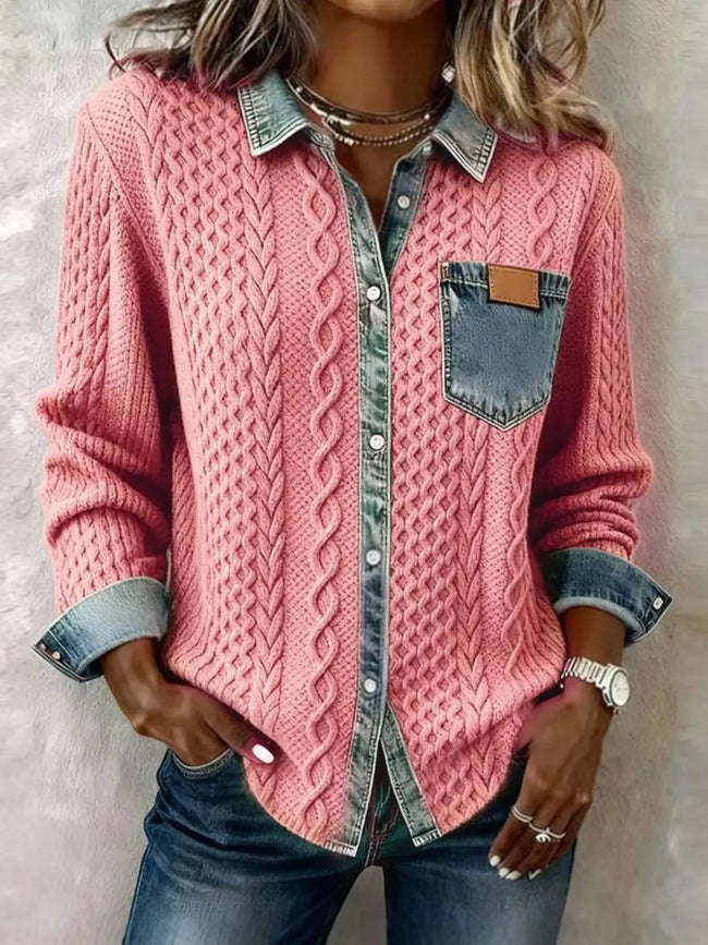Denim Trim Cable Knit Top  Style Ratio