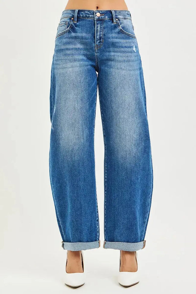 RISEN Full Size Mid Rise Barrel Double Roll Up Jeans  Style Ratio