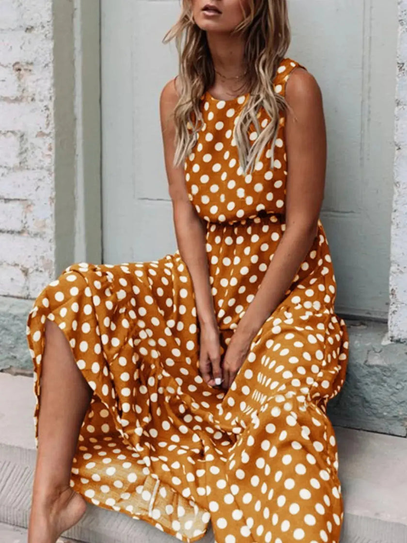 Polka Dot Round Neck Sleeveless Midi Dress  Style Ratio