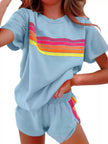 Rainbow Striped Round Neck Top and Shorts Set  Style Ratio