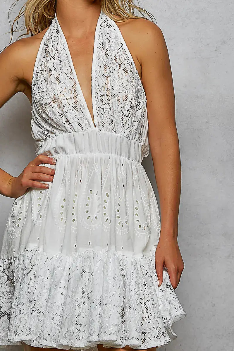 POL Halter Lace Patch Ruffle Mini Dress with Adjustable Tie on Back  Style Ratio