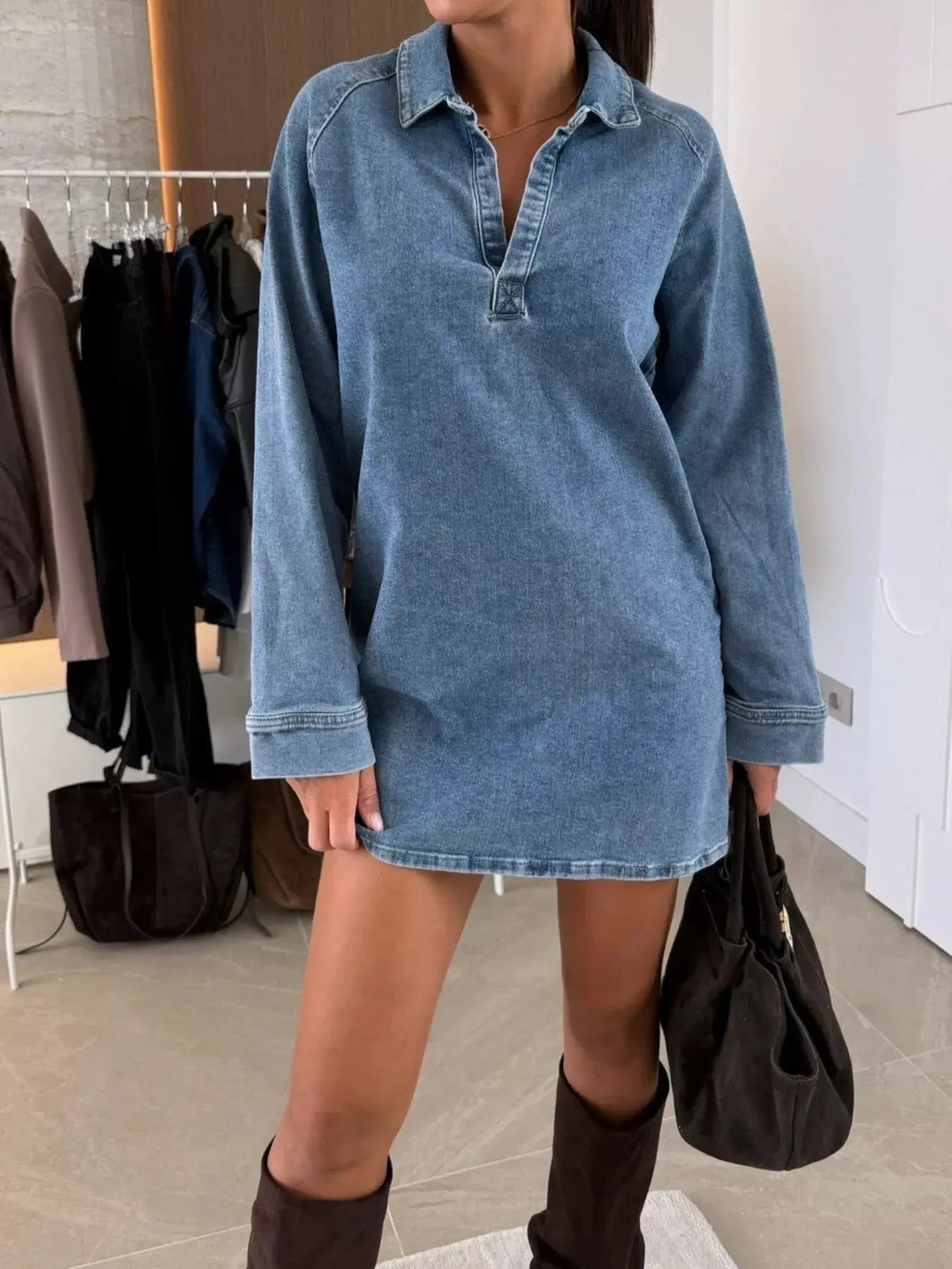 Collared Neck Long Sleeve Denim Dress  Style Ratio