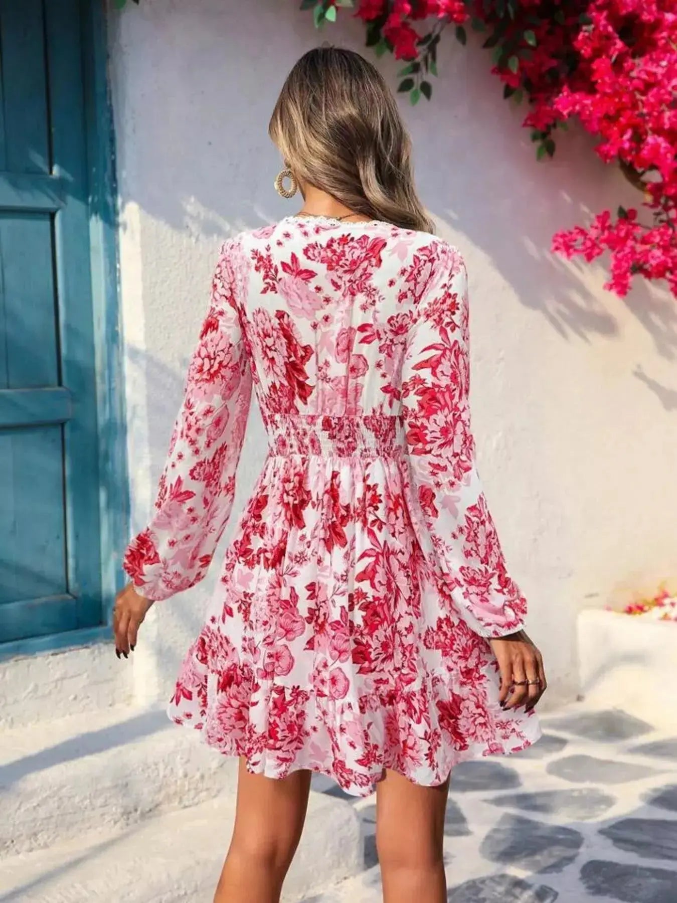 Full Size Floral Print V-Neck Long Sleeve Ruffle Hem Mini Dress  Style Ratio