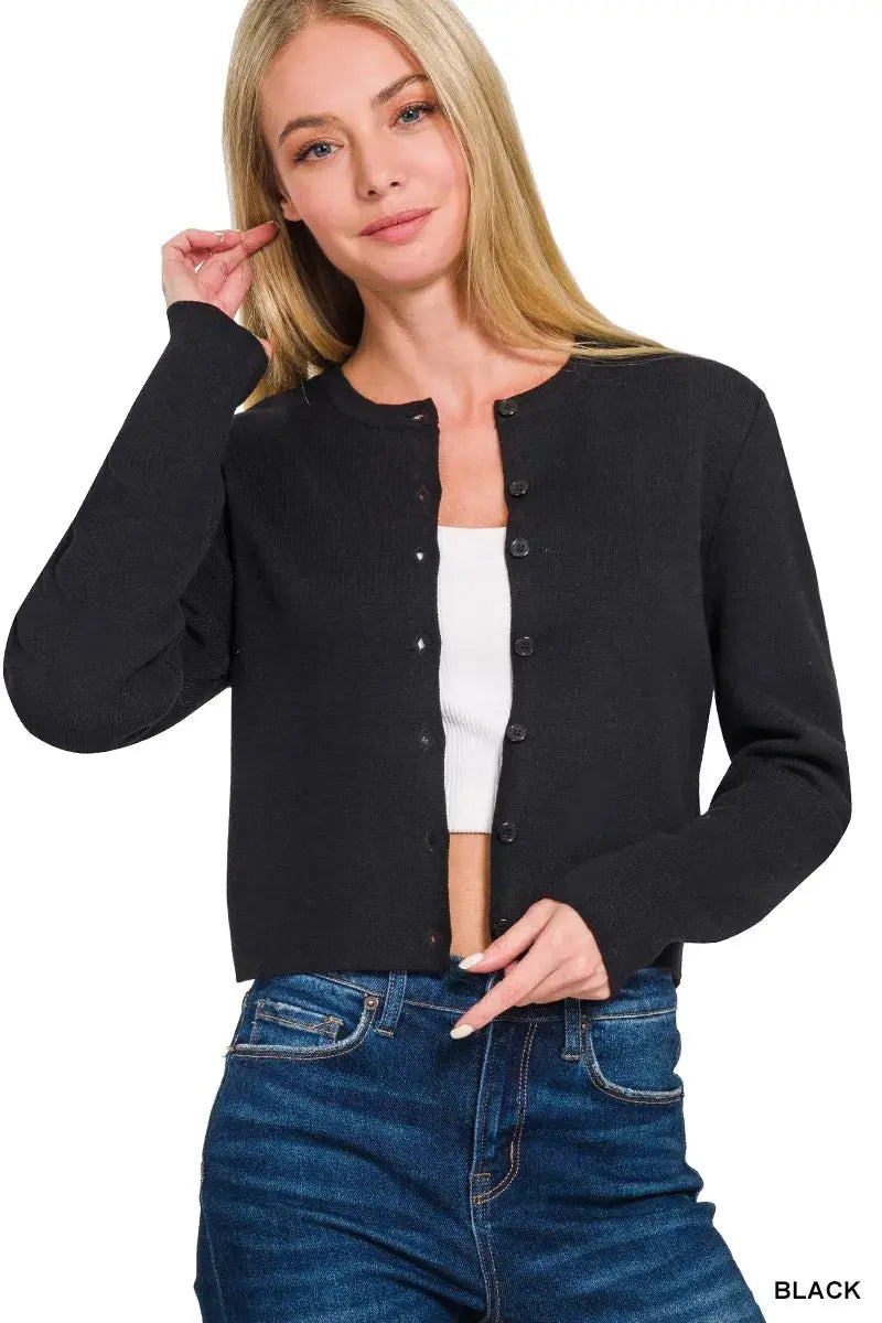 Zenana Button-Front Crewneck Long Sleeve Cropped Cardigan  Style Ratio