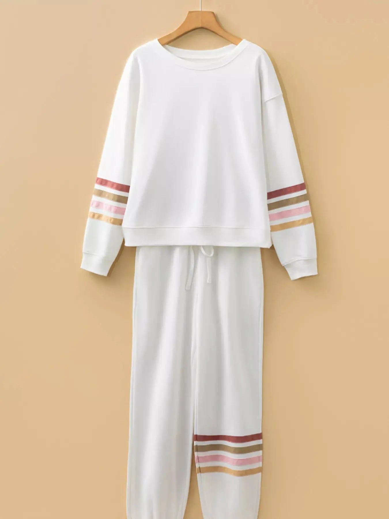 Striped Trim Round Neck Top and Pants Set  Style Ratio