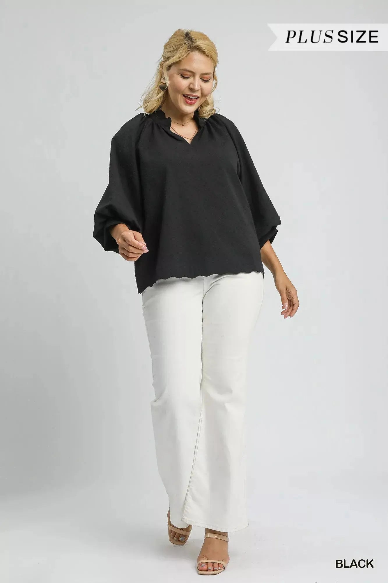 Umgee Full Size Textured Notched Balloon Sleeve Blouse  Style Ratio