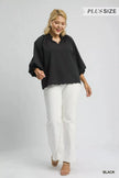 Umgee Full Size Textured Notched Balloon Sleeve Blouse  Style Ratio