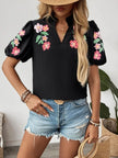 Floral Puff Sleeve Notched Blouse  Style Ratio